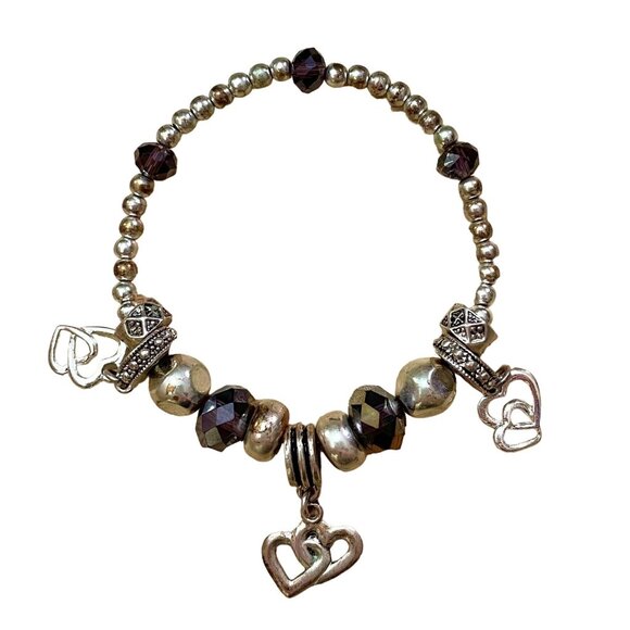 Heart Charm Beaded Bracelet With Faux Crystals Purple Fashion Accessory - Picture 1 of 5